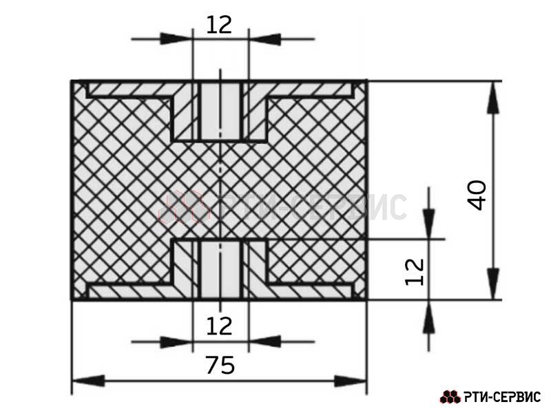 Резинометаллический буфер (аналог K0569.07504055 KIPP) D-75, H-40 с 2х стор. внутренней резьбой M12 - фото 2